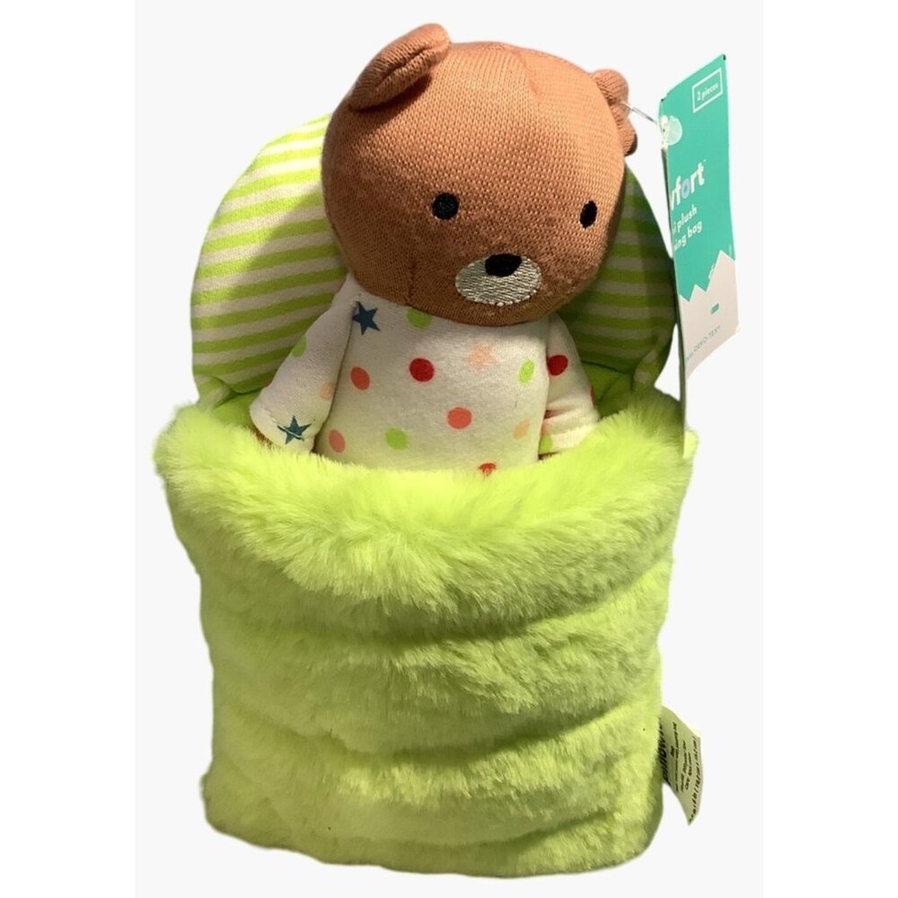 Pillowfort Teddy Bear Plush Toy With Lime Green Sleeping Bag - Picture 1 of 4